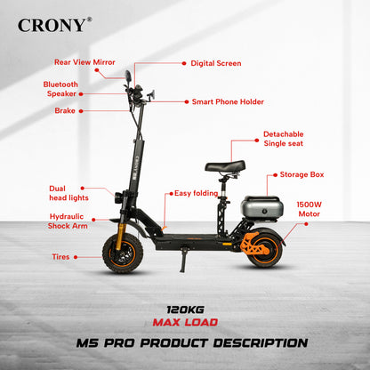 سكوتر كهربائي CRONY M5 Pro للكبار والأطفال مع مكبر صوت بلوتوث واتصال بالتطبيق