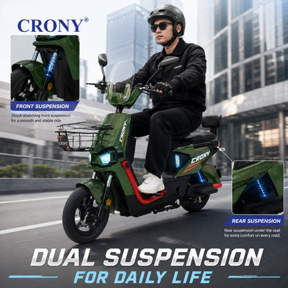 CRONY T10 Tank Electric Scooter, Green, 800W Motor, 48V 20Ah Detachable Battery, 40–60 km/h Top Speed, 40–50 km Range, Dual Seat, Front & Rear Suspension, LCD Display, Front Basket & Bluetooth Speaker