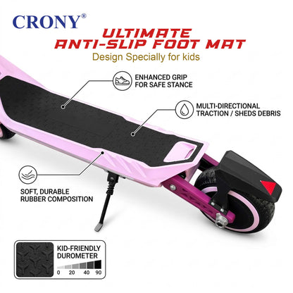 CRONY E72 Dual-Shock Electric Scooter for Kids, Pink, 150W Motor, 24V 2.6Ah Battery, 8-12KM/H Speed, 5-10KM Range, Front & Rear Suspension, LED Display, Easy Folding, 1 Year Motor Warranty