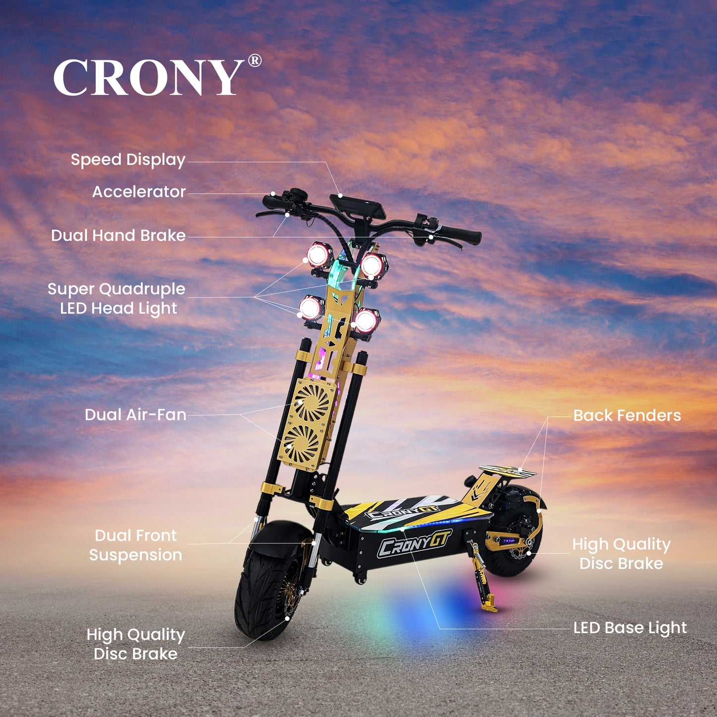 سكوتر كهربائي CRONY GT13 مع فرامل قرصية وتعليق أمامي/خلفي وتكوين عالي السكوتر الكهربائي