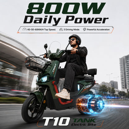 CRONY T10 Tank Electric Scooter, Green, 800W Motor, 48V 20Ah Detachable Battery, 40–60 km/h Top Speed, 40–50 km Range, Dual Seat, Front & Rear Suspension, LCD Display, Front Basket & Bluetooth Speaker