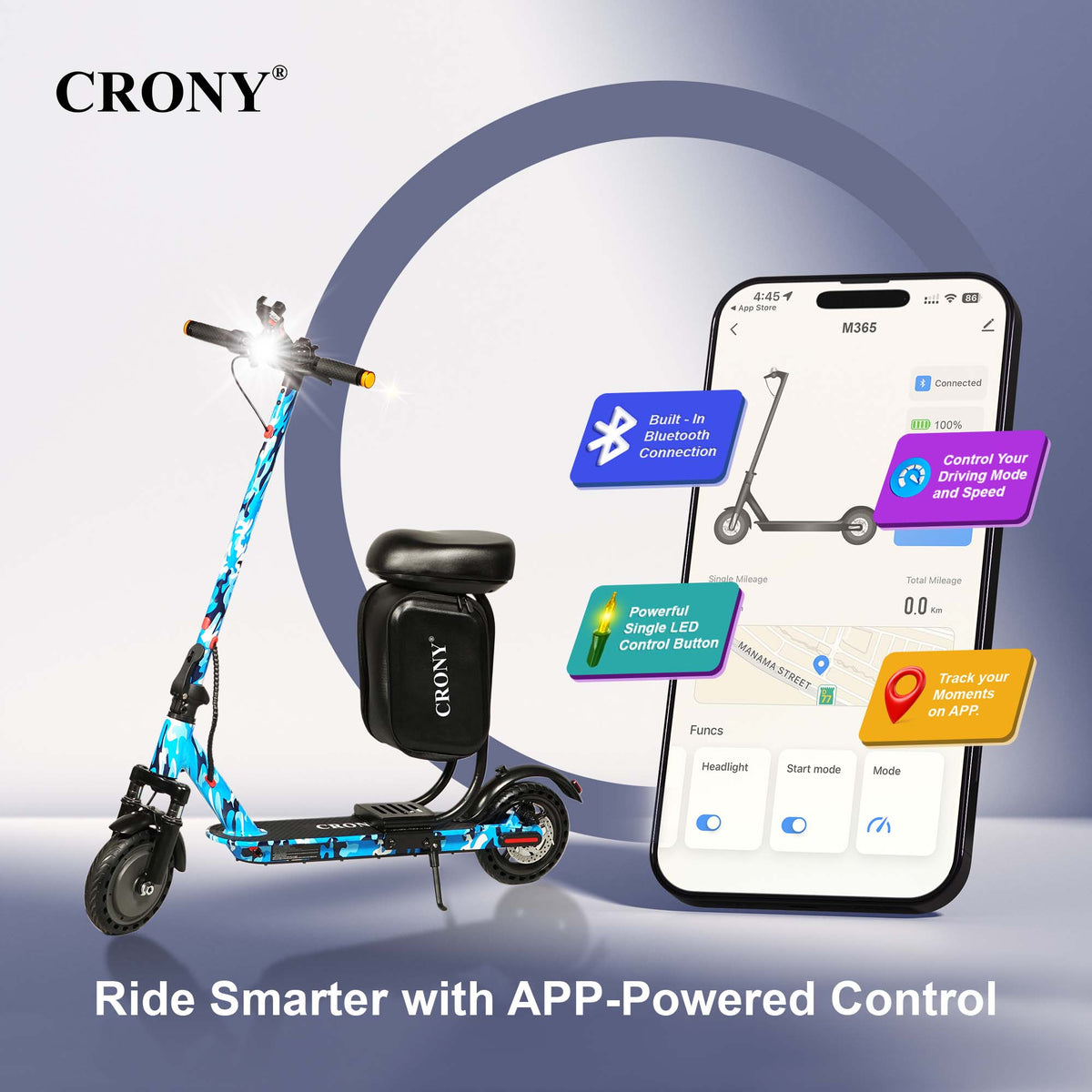XM M365 APP+SEAT-Blue Camowith Suspension is a foldable electric scooter designed for adult urban commuting. Powered by a 350W motor, it delivers speeds between 25–45 km/h with a range of 15–20 km per charge