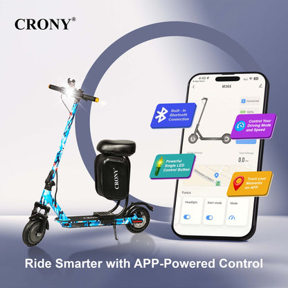 XM M365 APP+SEAT-Blue Camowith Suspension is a foldable electric scooter designed for adult urban commuting. Powered by a 350W motor, it delivers speeds between 25–45 km/h with a range of 15–20 km per charge