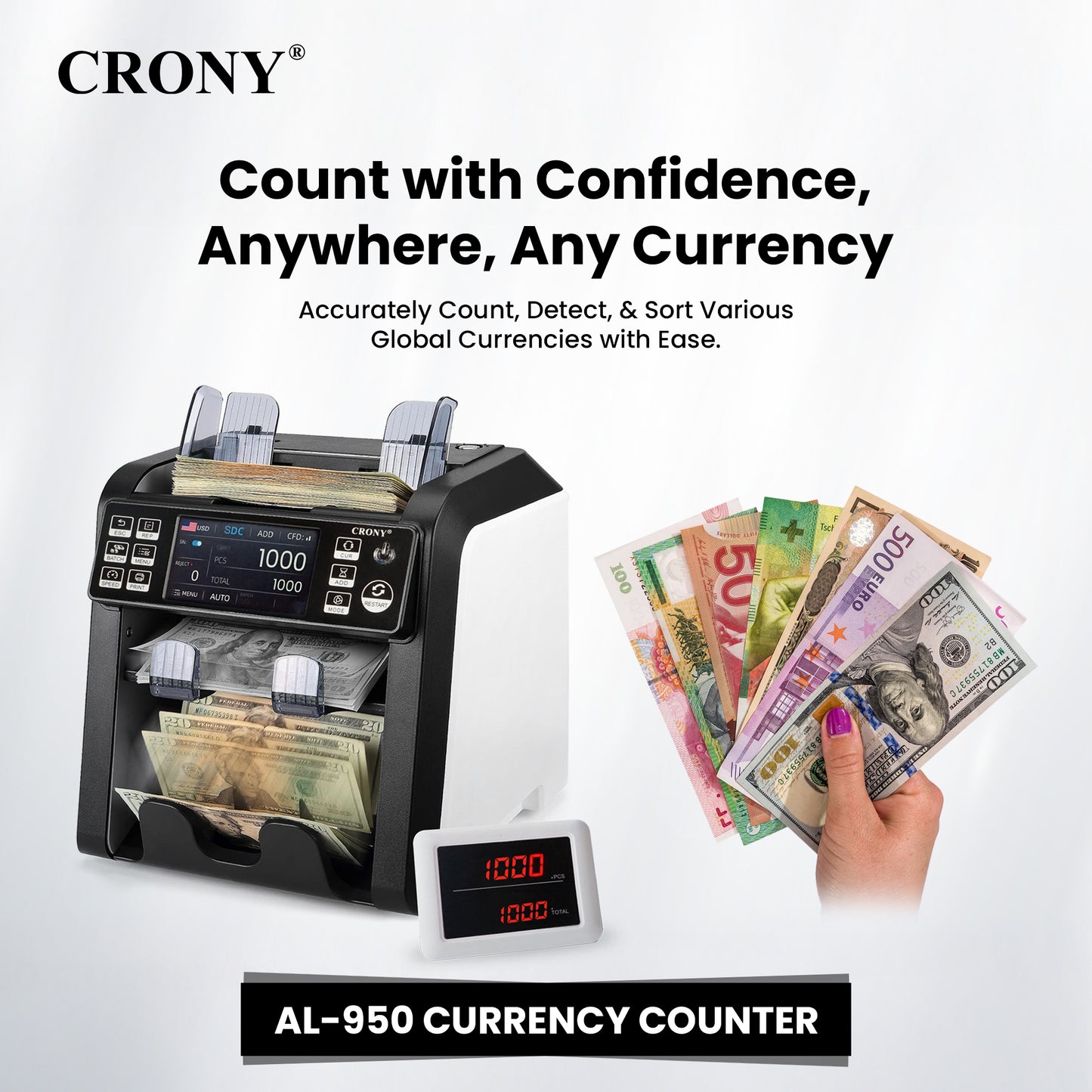 جهاز التحقق من الأوراق النقدية CRONY AL-950 لفرز النقود متعددة العملات وجهاز عد وفرز النقود المحمولة