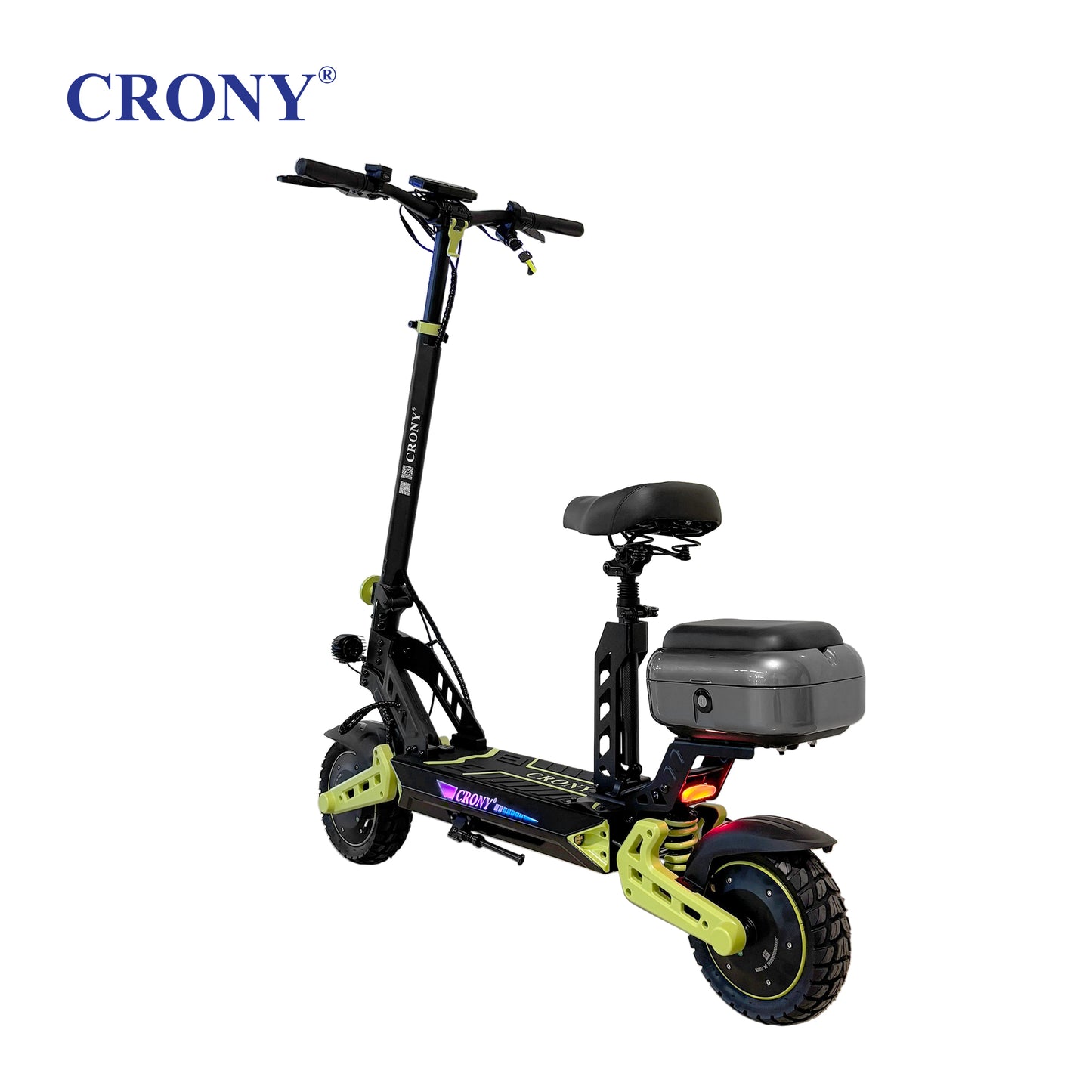 CRONY D2 Dual Motor Electric Scooter with Seat, 4000W (2000W x2), 48V 18.2Ah Battery, 45-60KM Range, Up to 70KM/H, 10-Inch Tires, Front & Rear Suspension, Disc Brakes, LED Lights, Bluetooth APP, Green