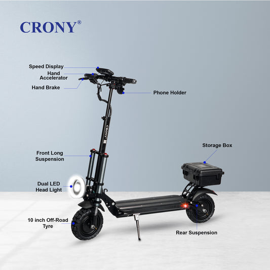 The CRONY V18 is a high-performance electric scooter powered by dual 1500W motors, delivering strong acceleration and smooth riding with speeds up to 40 KM/H. Equipped with a 48V 18AH battery, it offers a travel range of 30–60 KM on a single charge.