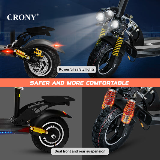 CRONY V10+ Pro Electric Scooter for Adults, Front/Rear Suspension & Brake, Bluetooth Speaker, Safety with Phone Holder&Rearview Mirror, Front Storage Bag, LED Base Lights, 45-68 KM/H Max Speed, Black