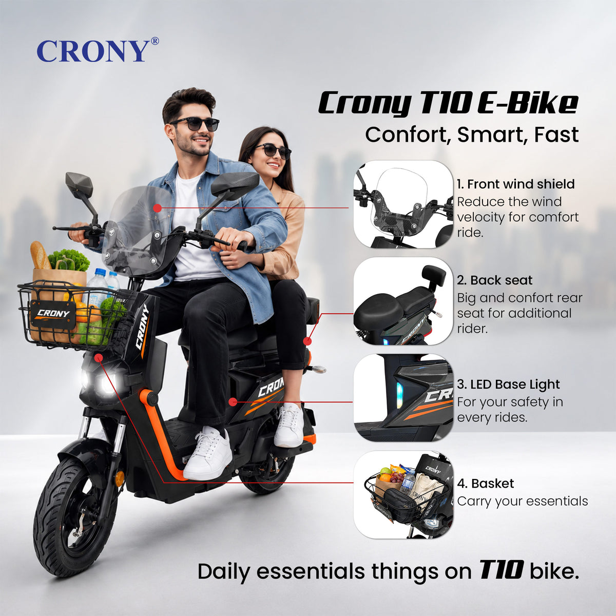 CRONY T10 Tank Electric Scooter, 800W Motor, 48V 20Ah Detachable Battery, 40–60 km/h Top Speed, 40–50 km Range, Dual Seat, Front & Rear Suspension, LCD Display, Front Basket & Bluetooth Speaker