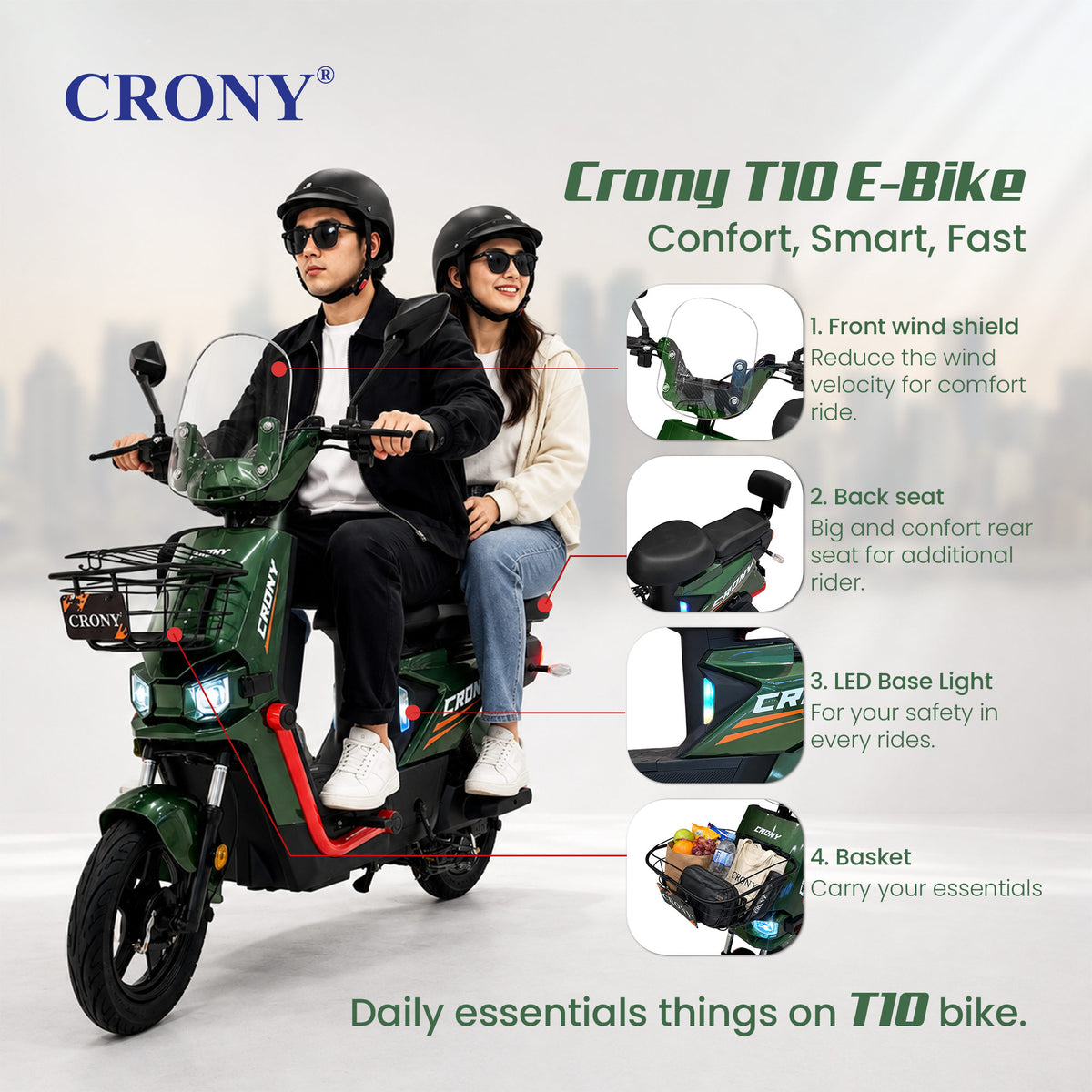 CRONY T10 Tank Electric Scooter, Green, 800W Motor, 48V 20Ah Detachable Battery, 40–60 km/h Top Speed, 40–50 km Range, Dual Seat, Front & Rear Suspension, LCD Display, Front Basket & Bluetooth Speaker