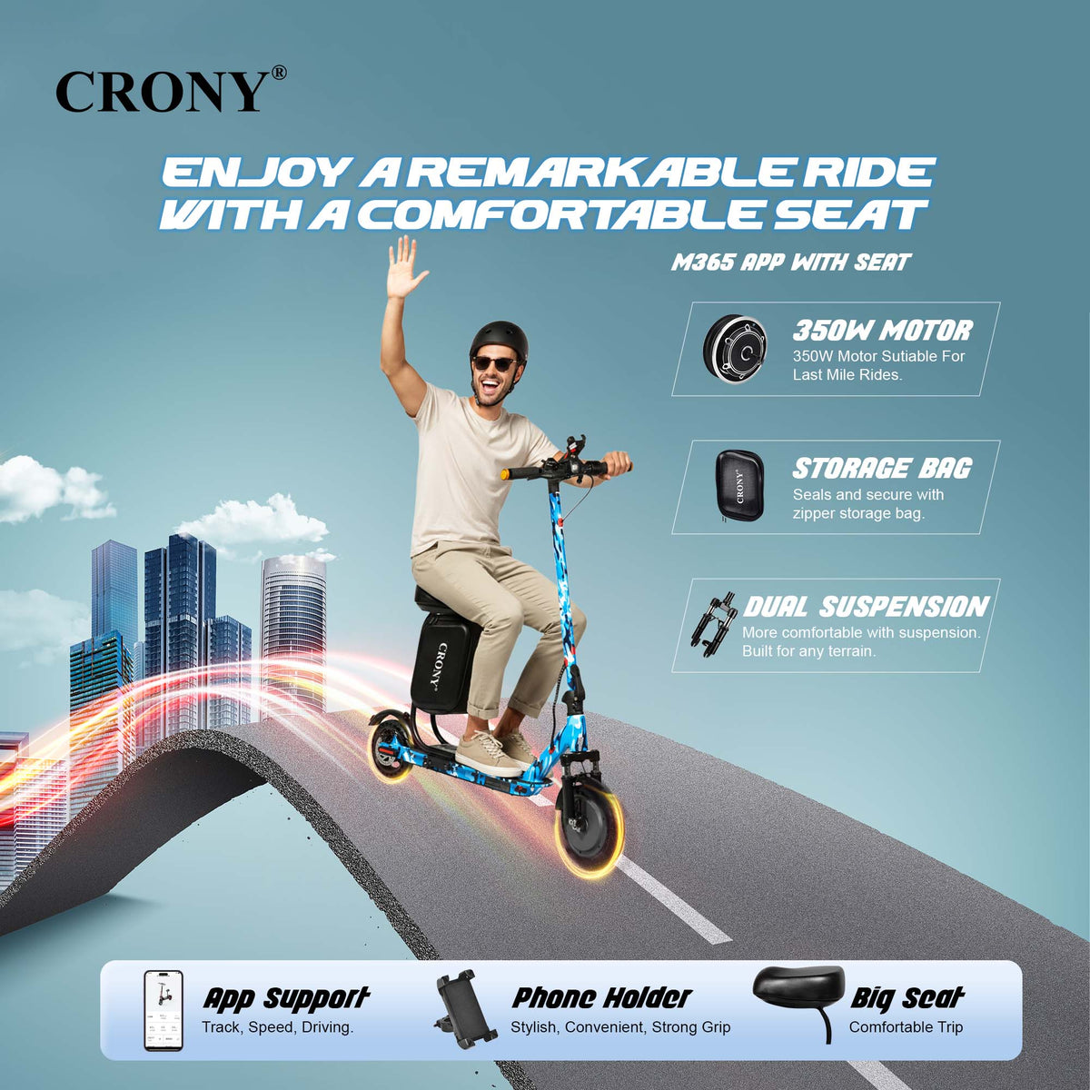 XM M365 APP+SEAT-Blue Camowith Suspension is a foldable electric scooter designed for adult urban commuting. Powered by a 350W motor, it delivers speeds between 25–45 km/h with a range of 15–20 km per charge