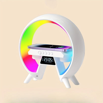 مصباح طاولة CRONY New G مع مكبر صوت BT وساعة وشحن لاسلكي، مصباح جو مع مكبر صوت، مصباح ليلي قابل للتعتيم، منبه مع تزامن الموسيقى