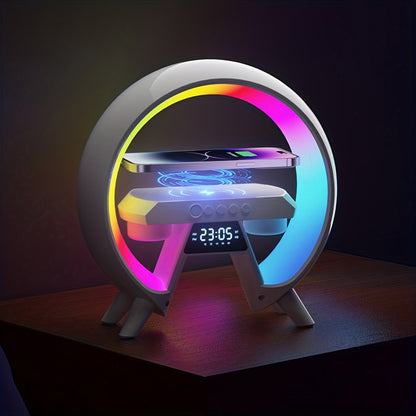 مصباح طاولة CRONY New G مع مكبر صوت BT وساعة وشحن لاسلكي، مصباح جو مع مكبر صوت، مصباح ليلي قابل للتعتيم، منبه مع تزامن الموسيقى