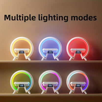 مصباح طاولة CRONY New G مع مكبر صوت BT وساعة وشحن لاسلكي، مصباح جو مع مكبر صوت، مصباح ليلي قابل للتعتيم، منبه مع تزامن الموسيقى