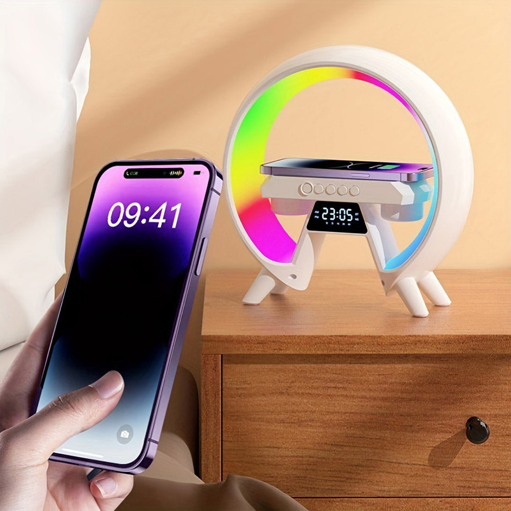 مصباح طاولة CRONY New G مع مكبر صوت BT وساعة وشحن لاسلكي، مصباح جو مع مكبر صوت، مصباح ليلي قابل للتعتيم، منبه مع تزامن الموسيقى