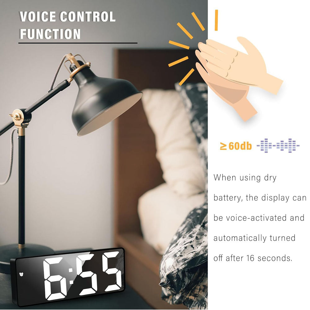 ساعة إلكترونية بيضاء CRONY GH0712 ساعة منبه رقمية ساعة منبه رقمية LED ساعة طاولة مرآة كابل USB ساعة منبه نهاية المنبه 12/24 ساعة غفوة تحكم صوتي عرض درجة الحرارة