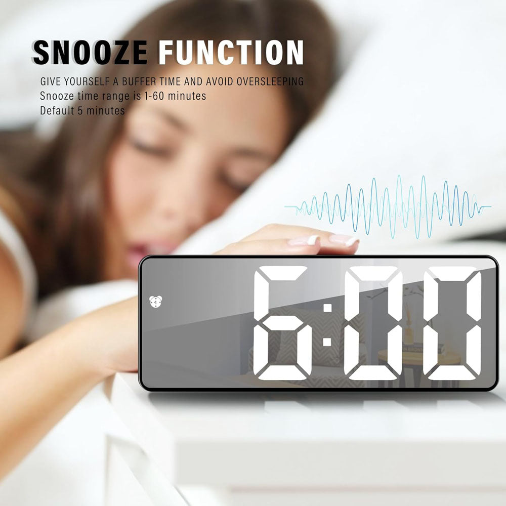 ساعة إلكترونية بيضاء CRONY GH0712 ساعة منبه رقمية ساعة منبه رقمية LED ساعة طاولة مرآة كابل USB ساعة منبه نهاية المنبه 12/24 ساعة غفوة تحكم صوتي عرض درجة الحرارة