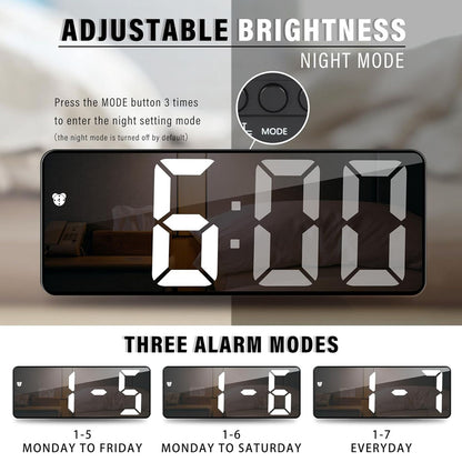 ساعة إلكترونية بيضاء CRONY GH0712 ساعة منبه رقمية ساعة منبه رقمية LED ساعة طاولة مرآة كابل USB ساعة منبه نهاية المنبه 12/24 ساعة غفوة تحكم صوتي عرض درجة الحرارة