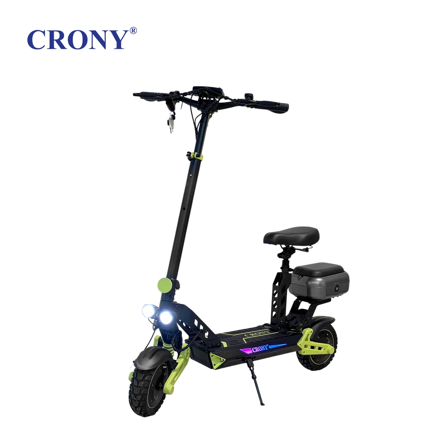CRONY D2 Dual Motor Electric Scooter with Seat, 4000W (2000W x2), 48V 18.2Ah Battery, 45-60KM Range, Up to 70KM/H, 10-Inch Tires, Front & Rear Suspension, Disc Brakes, LED Lights, Bluetooth APP, Green