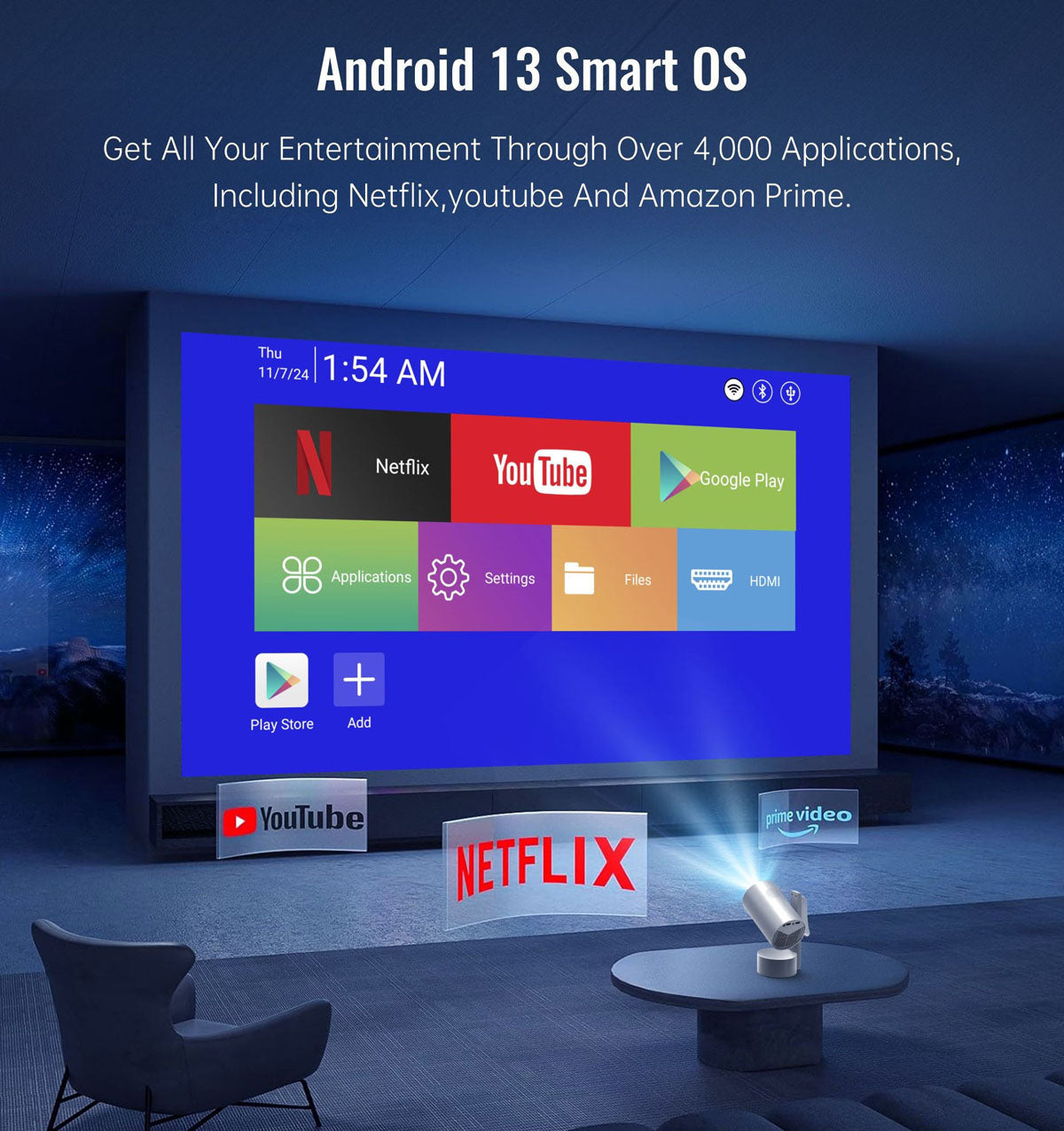 CRONY R3P Portable Mini Projector 1080P LED Smart Projector Supports 4K Decode Android with Built In Speakers