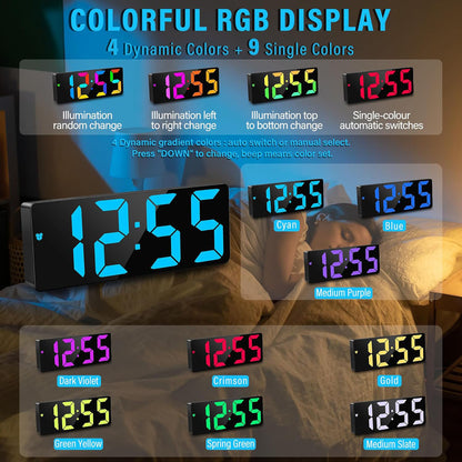 ساعة إلكترونية رقمية CRONY GH0732 ألوان ساعة منبه LED ملونة RGB على جانب السرير منبهات مع خاصية الغفوة عرض التاريخ والوقت تغيير اللون أرقام كبيرة سطوع قابل للتعديل تعمل باليو إس بي والبطارية