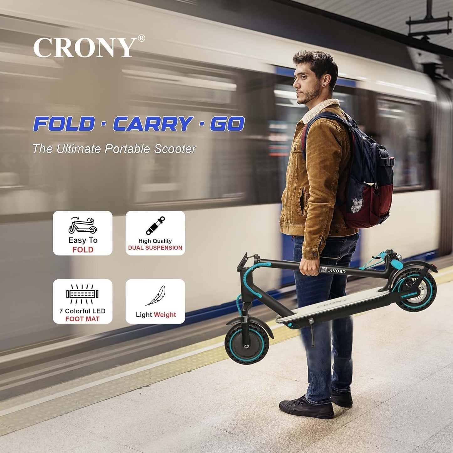 سكوتر كهربائي قابل للطي CRONY M365 مع تعليق أمامي وأضواء LED ملونة على السطح 7 ألوان للبالغين والأطفال