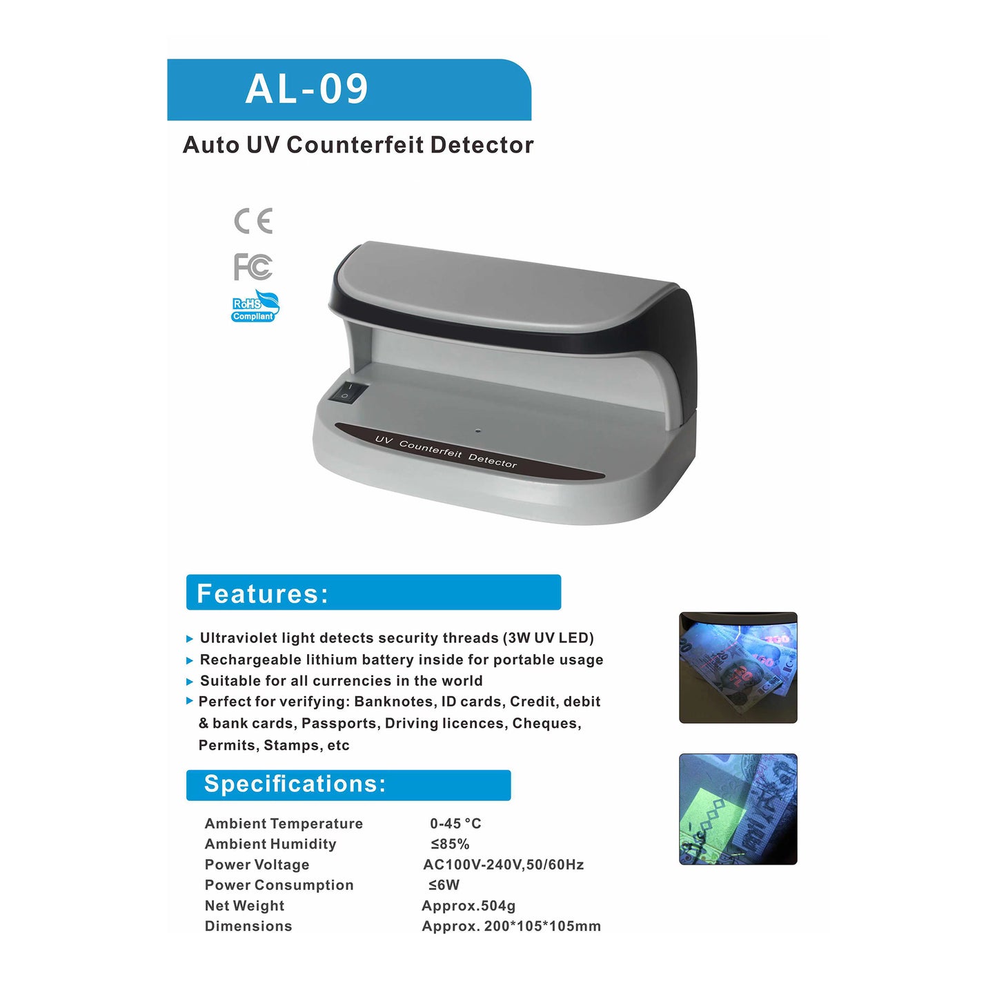 جهاز التحقق من الأوراق النقدية CRONY AL-09 أوتوماتيكي للكشف عن النقود المزيفة بالأشعة فوق البنفسجية جهاز صغير محمول لفحص النقود المزيفة بجهاز مسح بالأشعة فوق البنفسجية