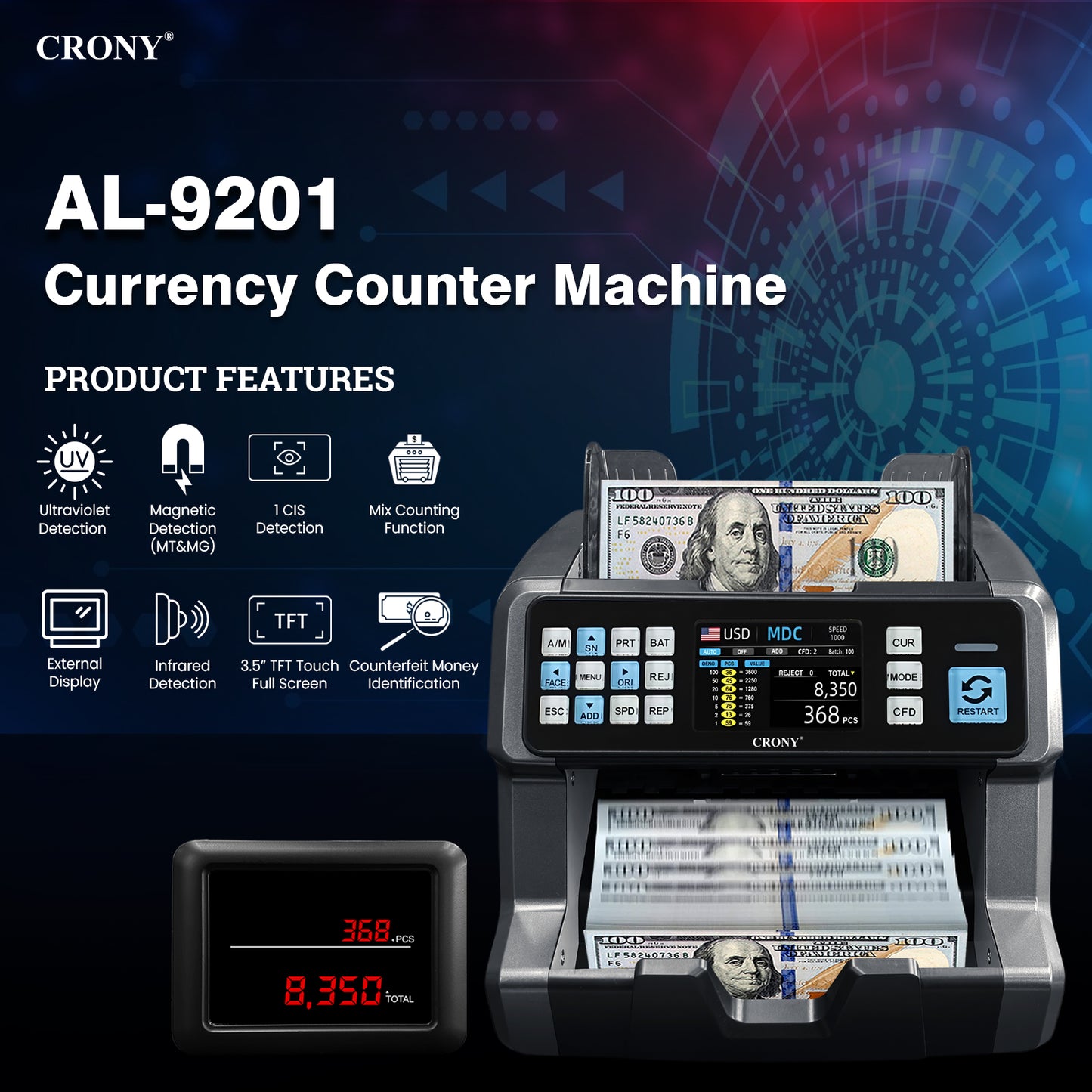 CRONY AL-920 Mix value Money Counter Machine, 1200 PCS/Min High-Speed Bill Counter with UVMG/MY/IT/2 CIS Detection, 400-500 Bill Hopper, 200 Bill Stacker, 3 Counting Modes, Currency Customization, USB & RS-232, 1 Year Warranty