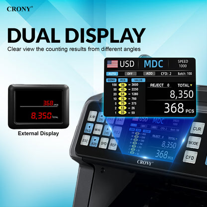 CRONY AL-920 Mix value Money Counter Machine, 1200 PCS/Min High-Speed Bill Counter with UVMG/MY/IT/2 CIS Detection, 400-500 Bill Hopper, 200 Bill Stacker, 3 Counting Modes, Currency Customization, USB & RS-232, 1 Year Warranty