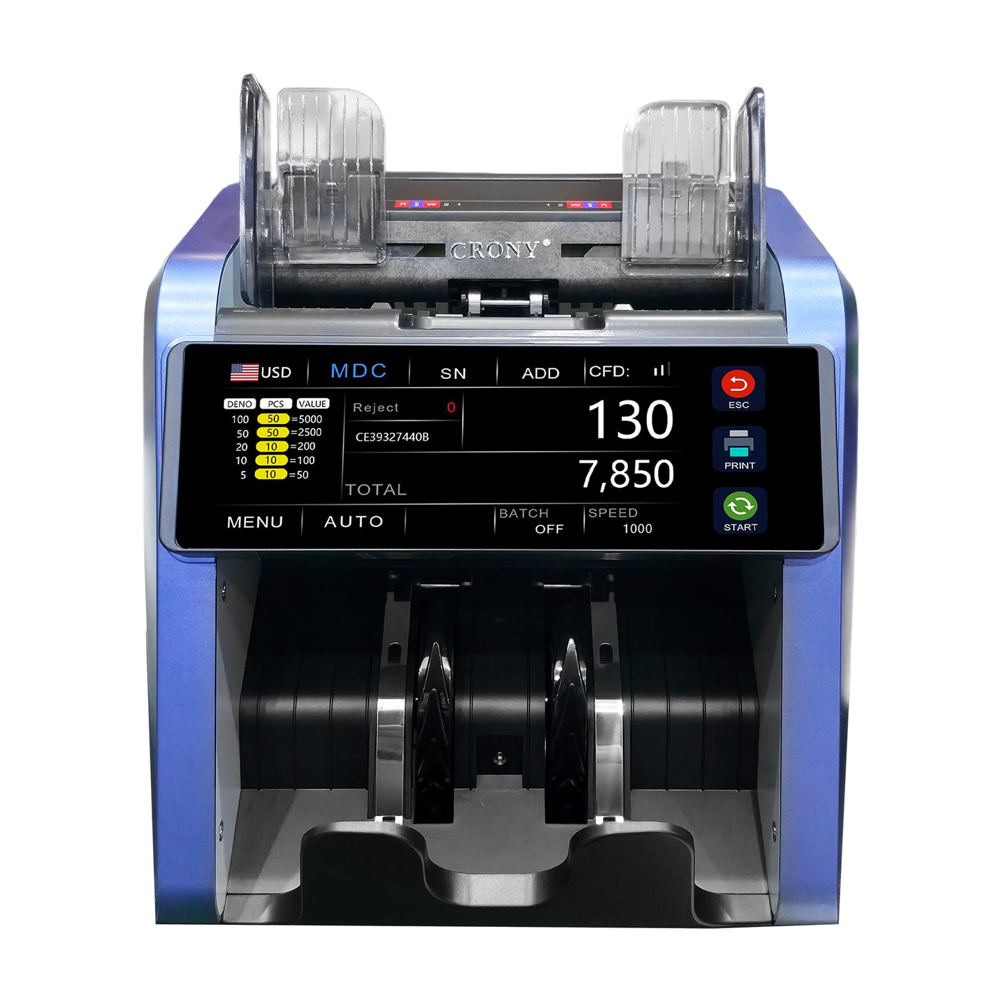 CRONY AL-930B Money Counting Machine with 5000mAh Rechargeable Battery, Professional Cash Counter with 800/1000/1200 Bills Per Minute Speed, 500 Note Hopper Capacity, Fast Accurate Portable Currency Counting for Business Use