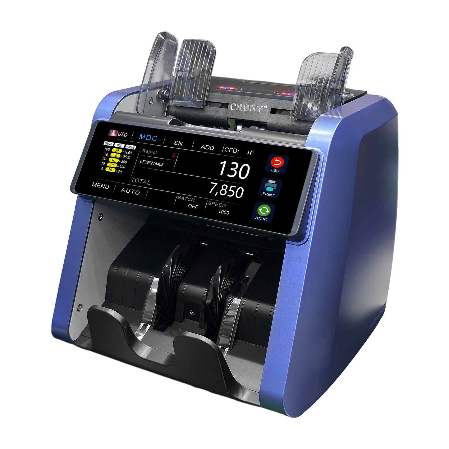 CRONY AL-930B Money Counting Machine with 5000mAh Rechargeable Battery, Professional Cash Counter with 800/1000/1200 Bills Per Minute Speed, 500 Note Hopper Capacity, Fast Accurate Portable Currency Counting for Business Use