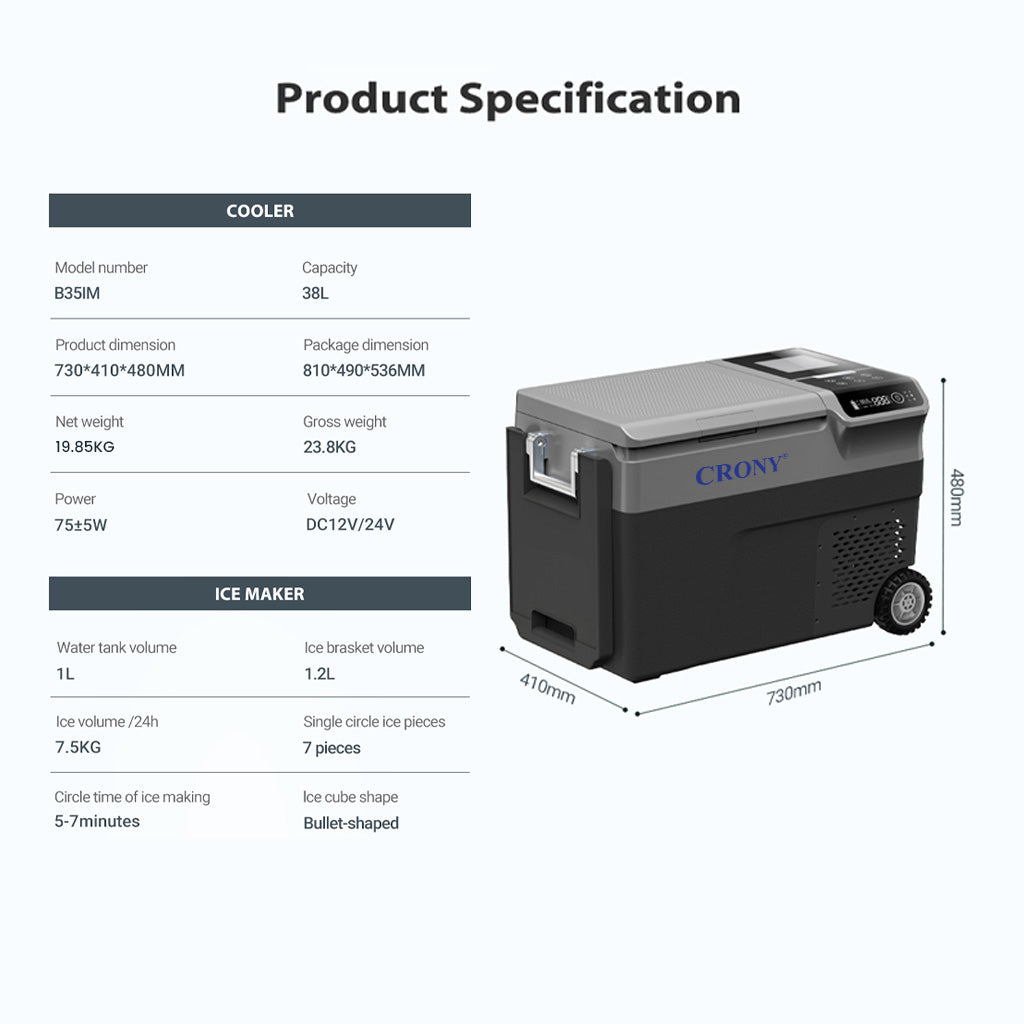 صانع ثلج CRONY B35IM ثلاجة بعجلات رافعة 38 لتر صانع ثلج محمول ومجمد