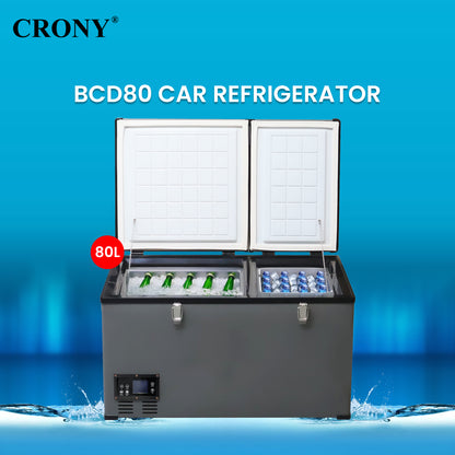 ثلاجة سيارة محمولة CRONY BCD80 80L للتبريد والتجميد للشاحنات والمناطق الخارجية مع تحكم بدرجة الحرارة بشاشة LCD من -20 إلى 10 درجة مئوية