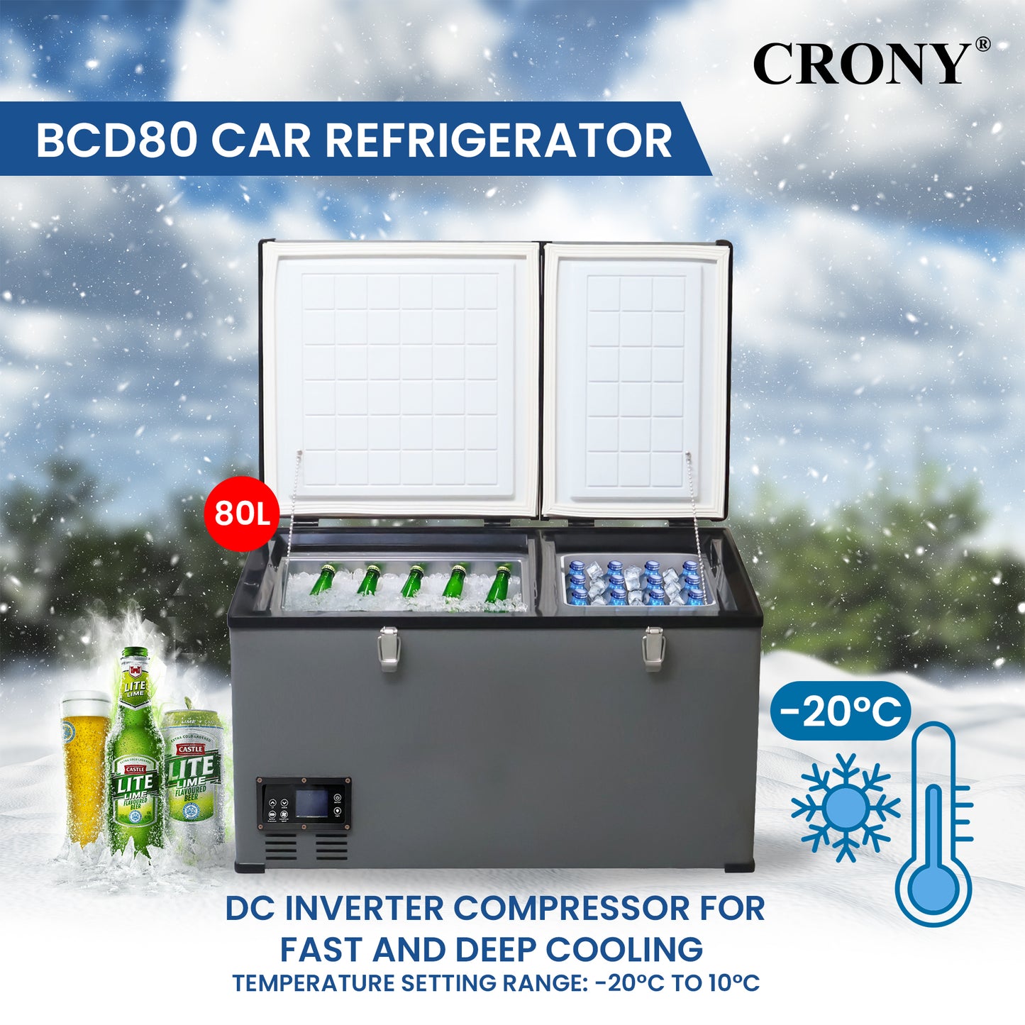 ثلاجة سيارة محمولة CRONY BCD80 80L للتبريد والتجميد للشاحنات والمناطق الخارجية مع تحكم بدرجة الحرارة بشاشة LCD من -20 إلى 10 درجة مئوية