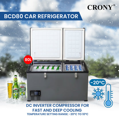 ثلاجة سيارة محمولة CRONY BCD80 80L للتبريد والتجميد للشاحنات والمناطق الخارجية مع تحكم بدرجة الحرارة بشاشة LCD من -20 إلى 10 درجة مئوية