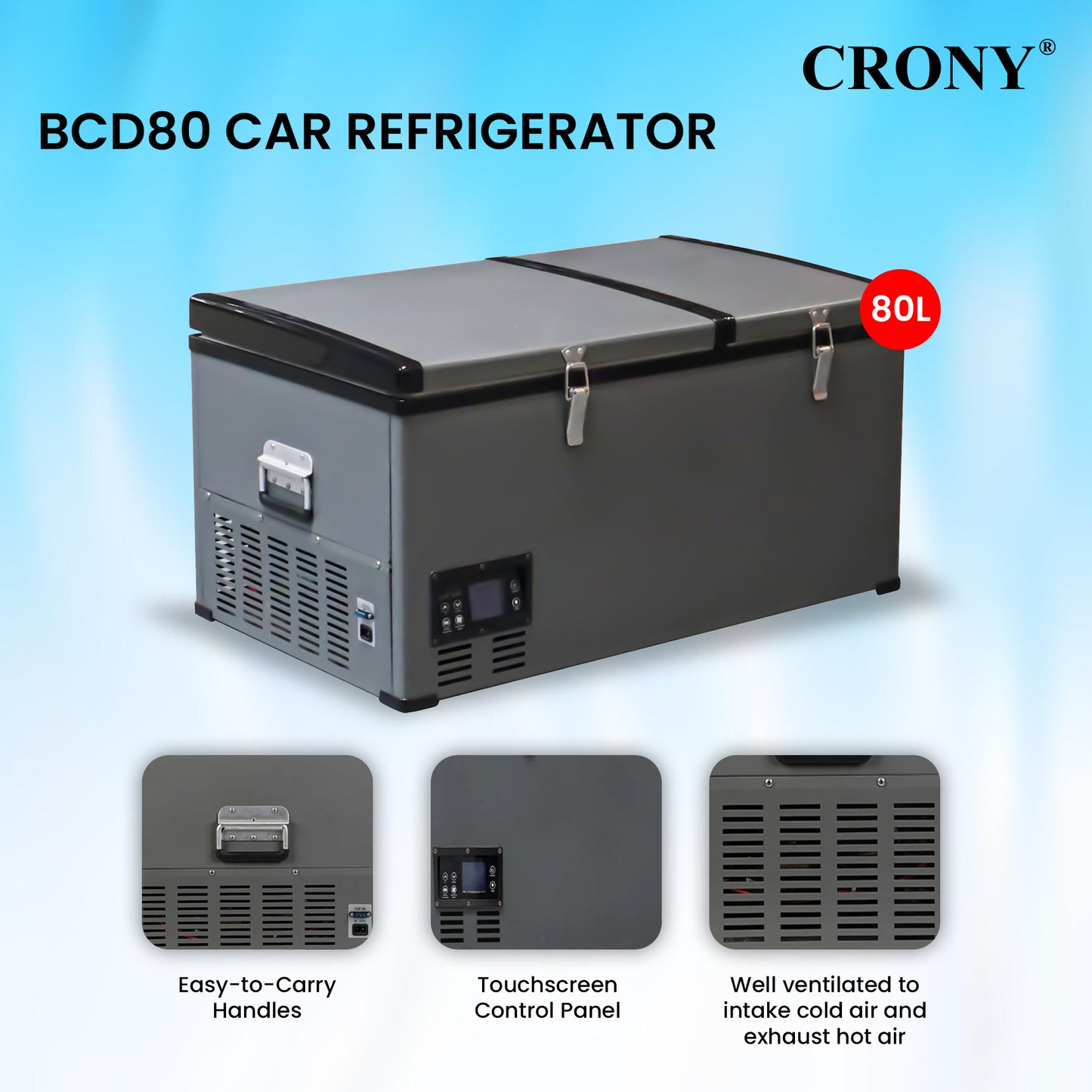 ثلاجة سيارة محمولة CRONY BCD80 80L للتبريد والتجميد للشاحنات والمناطق الخارجية مع تحكم بدرجة الحرارة بشاشة LCD من -20 إلى 10 درجة مئوية