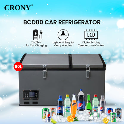 ثلاجة سيارة محمولة CRONY BCD80 80L للتبريد والتجميد للشاحنات والمناطق الخارجية مع تحكم بدرجة الحرارة بشاشة LCD من -20 إلى 10 درجة مئوية