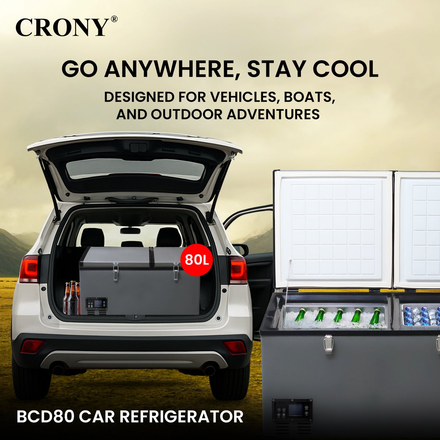 ثلاجة سيارة محمولة CRONY BCD80 80L للتبريد والتجميد للشاحنات والمناطق الخارجية مع تحكم بدرجة الحرارة بشاشة LCD من -20 إلى 10 درجة مئوية