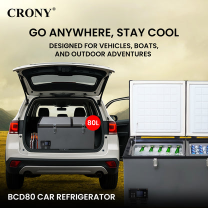 ثلاجة سيارة محمولة CRONY BCD80 80L للتبريد والتجميد للشاحنات والمناطق الخارجية مع تحكم بدرجة الحرارة بشاشة LCD من -20 إلى 10 درجة مئوية