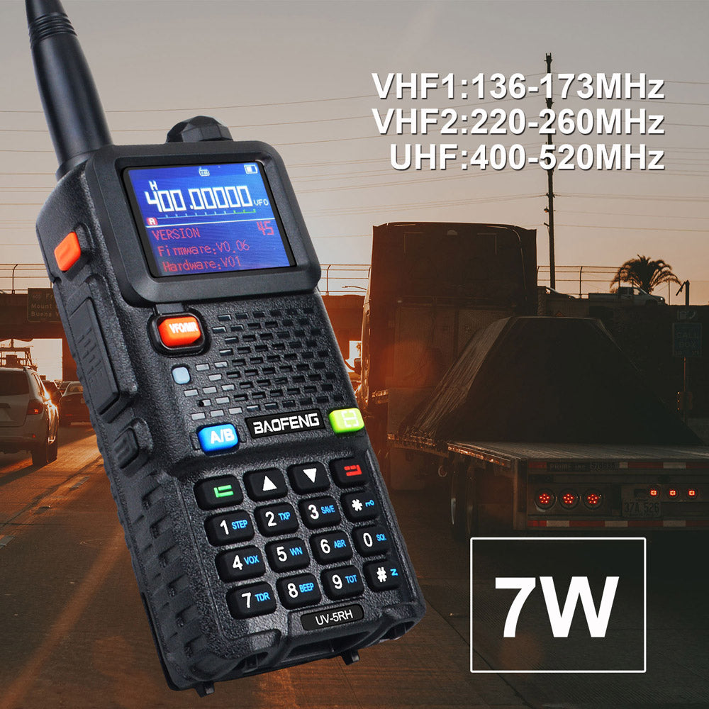 باوفينغ UV-5RH 7 واط UHF (400-480 ميجاهرتز) VHF (136-174 ميجاهرتز) ثلاثي النطاقات 999 قناة بحث التردد توقعات الطقس جهاز اتصال لاسلكي FM