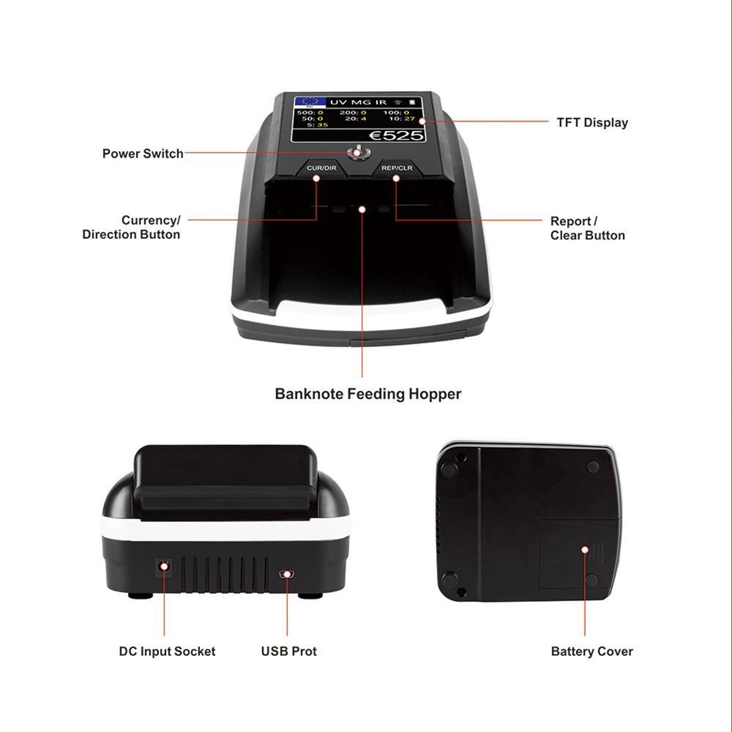 جهاز التحقق من الأوراق النقدية CRONY CN-136 كاشف النقود التلقائي شاشة TFT كاشف الأوراق المزيفة كاشف الأوراق النقدية المحمولة عداد النقود المزيفة عداد النقود