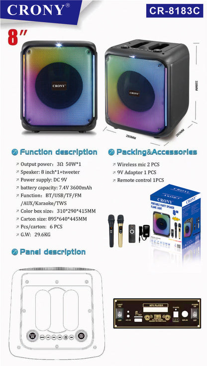 مكبر صوت CRONY RX-8183C CR-8183C مكبر صوت BT مكبر صوت 8 إنش صغير مضخم صوت مع محول