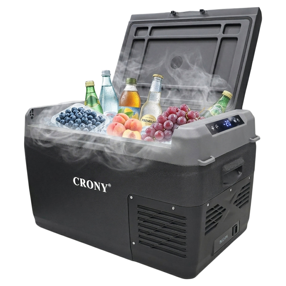CRONY GC30 Portable Car Refrigerator 29L, 12V/24V DC & 100-220V AC Electric Cooler, -20°C to 20°C Temperature Range, LED Control Panel, Interior LED Light, Bottle Opener & Cup Holder, 1-Year Warranty
