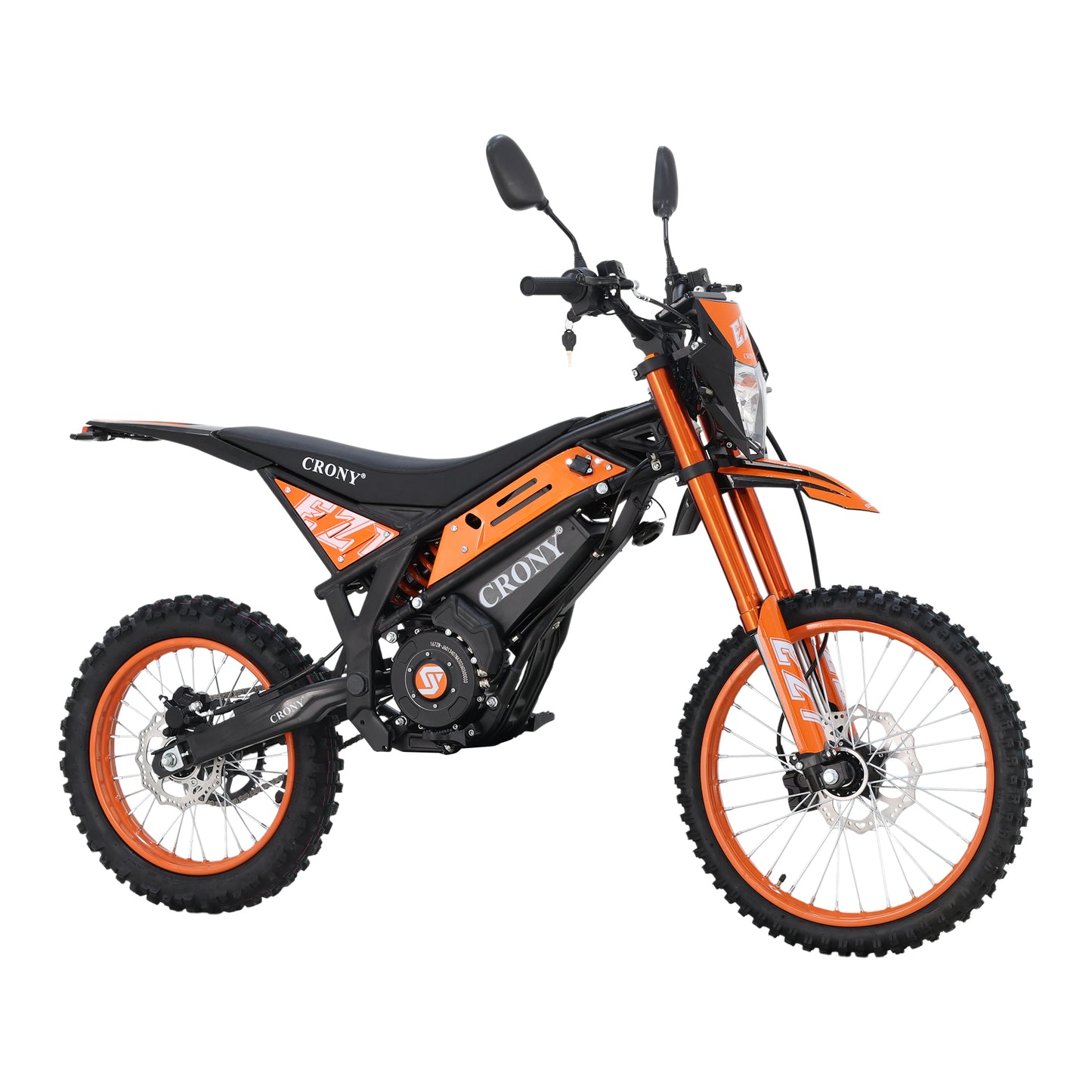 CRONY-06 E-Dirt Bike, 6000W Electric Dirt Bike with 85–100 KM/H Top Speed, 72V 27Ah Battery, 55–70 KM Range, Dual Suspension, Front & Rear Disc Brakes, 19"/16" Off-Road Tires, LED Display, Headlight & Rearview Mirror