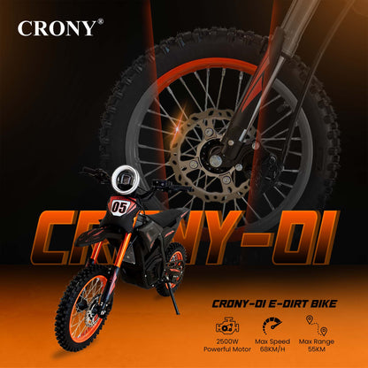 CRONY CRONY-01 High Configuration Electric Dirt Bike 2500W Motor, 48V 24Ah Battery, 45-55KM Range, 50-68KM/H Speed, Dual Suspension, Off-Road Tires, Bluetooth Speaker, LED Headlamp, Phone Holder, Digital Display, Free Helmet, 1 Year Motor Warranty