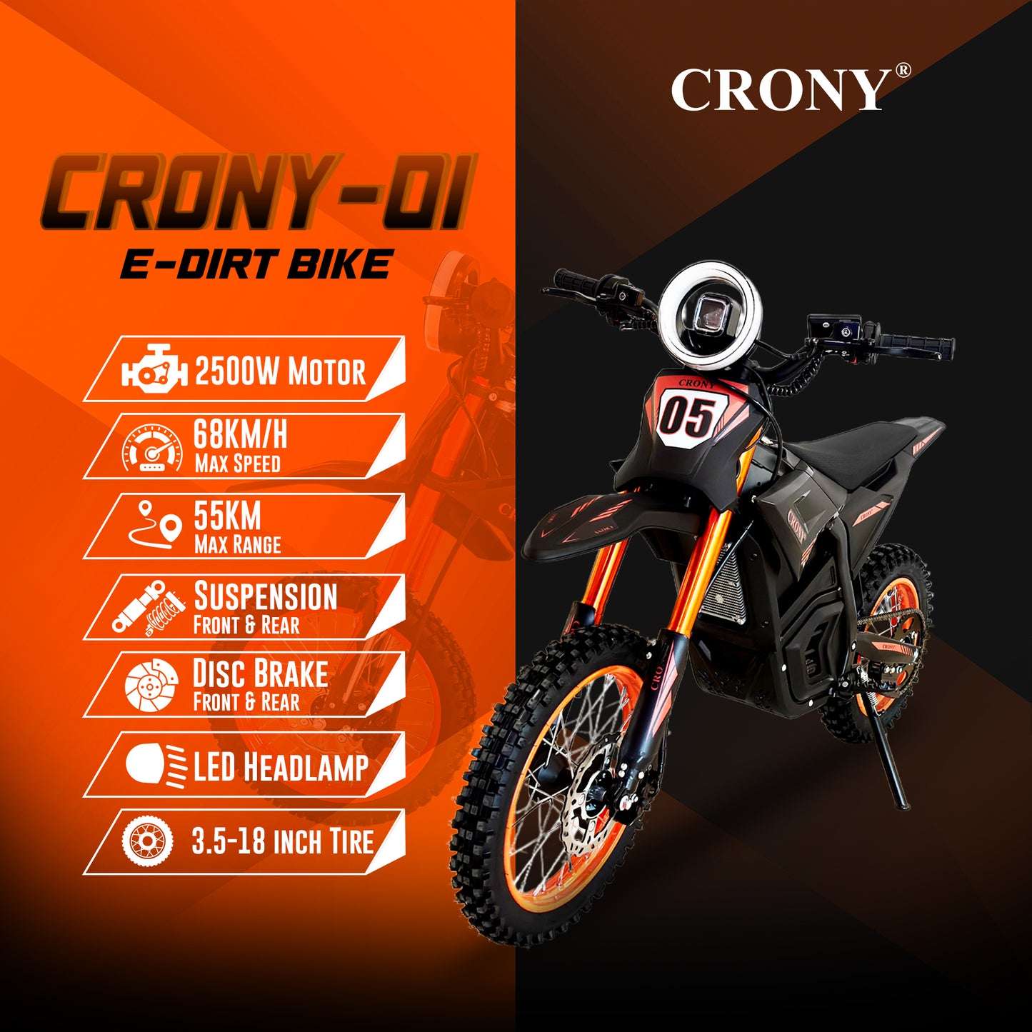 CRONY CRONY-01 High Configuration Electric Dirt Bike 2500W Motor, 48V 24Ah Battery, 45-55KM Range, 50-68KM/H Speed, Dual Suspension, Off-Road Tires, Bluetooth Speaker, LED Headlamp, Phone Holder, Digital Display, Free Helmet, 1 Year Motor Warranty
