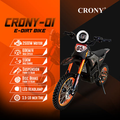 CRONY CRONY-01 High Configuration Electric Dirt Bike 2500W Motor, 48V 24Ah Battery, 45-55KM Range, 50-68KM/H Speed, Dual Suspension, Off-Road Tires, Bluetooth Speaker, LED Headlamp, Phone Holder, Digital Display, Free Helmet, 1 Year Motor Warranty