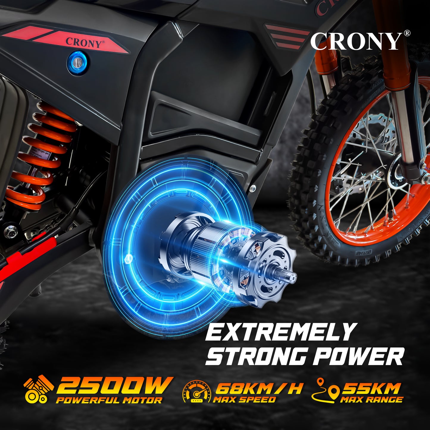 CRONY CRONY-01 High Configuration Electric Dirt Bike 2500W Motor, 48V 24Ah Battery, 45-55KM Range, 50-68KM/H Speed, Dual Suspension, Off-Road Tires, Bluetooth Speaker, LED Headlamp, Phone Holder, Digital Display, Free Helmet, 1 Year Motor Warranty