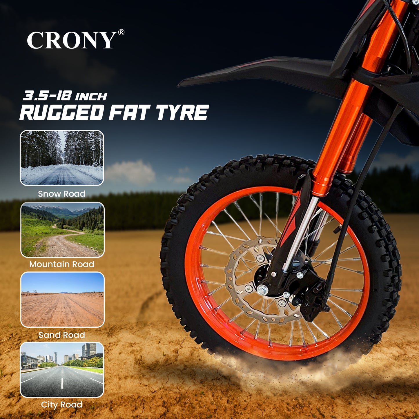 CRONY CRONY-01 High Configuration Electric Dirt Bike 2500W Motor, 48V 24Ah Battery, 45-55KM Range, 50-68KM/H Speed, Dual Suspension, Off-Road Tires, Bluetooth Speaker, LED Headlamp, Phone Holder, Digital Display, Free Helmet, 1 Year Motor Warranty
