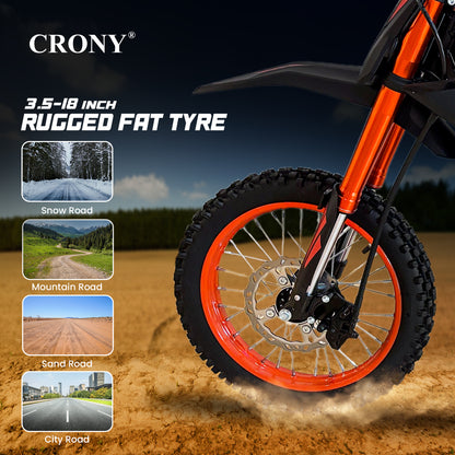 CRONY CRONY-01 High Configuration Electric Dirt Bike 2500W Motor, 48V 24Ah Battery, 45-55KM Range, 50-68KM/H Speed, Dual Suspension, Off-Road Tires, Bluetooth Speaker, LED Headlamp, Phone Holder, Digital Display, Free Helmet, 1 Year Motor Warranty
