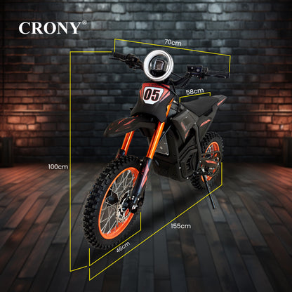 CRONY CRONY-01 High Configuration Electric Dirt Bike 2500W Motor, 48V 24Ah Battery, 45-55KM Range, 50-68KM/H Speed, Dual Suspension, Off-Road Tires, Bluetooth Speaker, LED Headlamp, Phone Holder, Digital Display, Free Helmet, 1 Year Motor Warranty